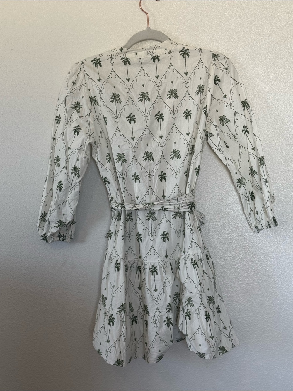 Zara Puff Sleeve Palm Tree Printed Mini Dress White Green Small - Picture 5 of 9